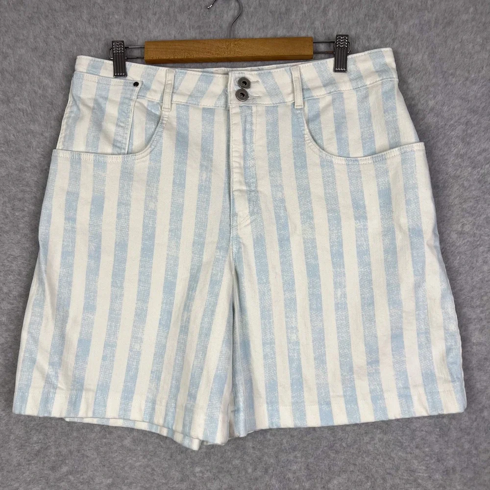 Anthropologie Maeve Blue White Striped Denim Bermuda High Waisted Shorts Size 31 - Picture 2 of 10